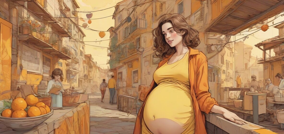 Ilustracja kobiety w ciąży w współczesnym europejskim otoczeniu, wyraźnie widoczna na pierwszym planie. Kobieta powinna być głównym elementem, zajmując większość sceny.