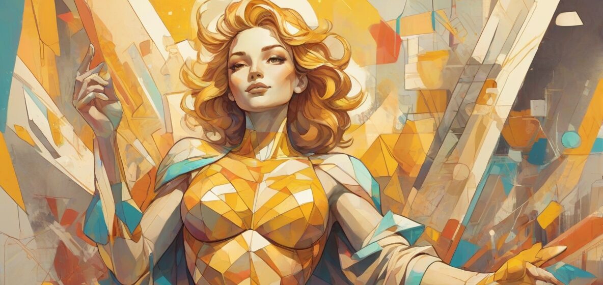 Ilustracja przedstawiająca wyraźną figurę geometryczną, taką jak posąg lub rzeźba, zajmującą większą część kadru. Skupienie na samej figurze, z widocznymi współczesnymi wpływami europejskimi.