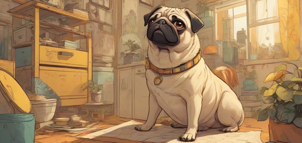 Ilustracja mopsa na pierwszym planie, wyraźnie widocznego, zajmującego większość sceny, w kontekście współczesnej Europy.