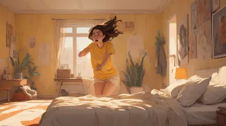 Ilustracja realistycznego koszmaru we współczesnej europejskiej sypialni, przerażona kobieta na pierwszym planie, wyraźnie widoczna, dramatyczne cienie, napięta atmosfera, styl hiperrealistyczny.