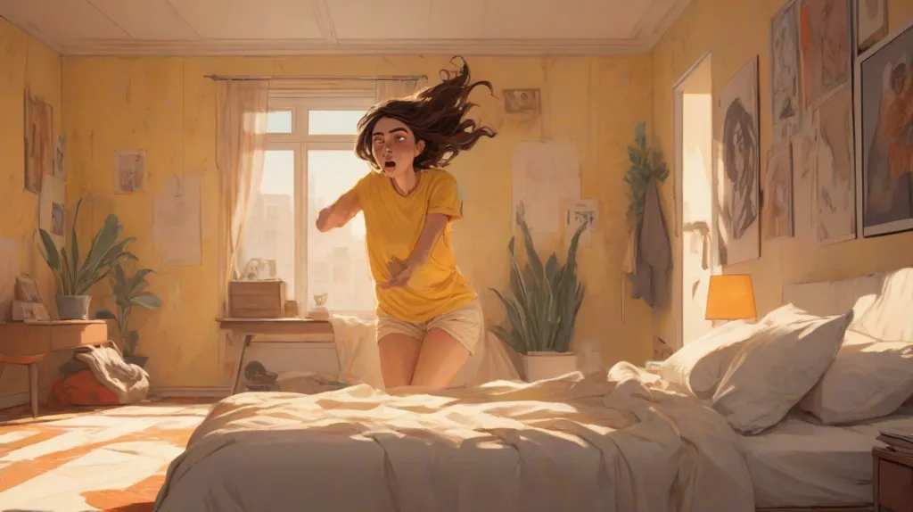Ilustracja realistycznego koszmaru we współczesnej europejskiej sypialni, przerażona kobieta na pierwszym planie, wyraźnie widoczna, dramatyczne cienie, napięta atmosfera, styl hiperrealistyczny.