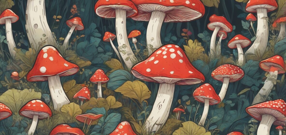 Ilustracja czerwonego grzyba z białymi kropkami, wyraźnie widocznego na pierwszym planie. Grzyb jest duży i zajmuje większość kadru, prezentując swoje żywe kolory i unikalny wzór.