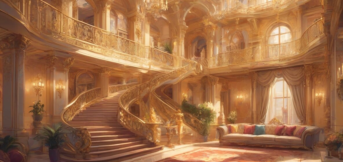 Ilustracja dworu królewskiego we współczesnym europejskim kontekście, ukazująca przepych i wspaniałość. Skupia się na eleganckiej architekturze i królewskiej atmosferze, oddając istotę nowoczesnej królewskości.