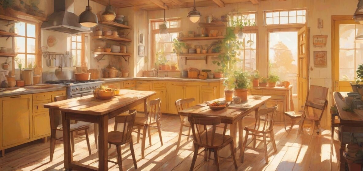 Ilustracja wiejskiej kuchni z drewnianymi meblami i vintage'owymi naczyniami kuchennymi. Główny nacisk jest na dużym drewnianym stole w centrum, otoczonym krzesłami. Światło słoneczne wpada przez okno, tworząc ciepłą i przytulną atmosferę.