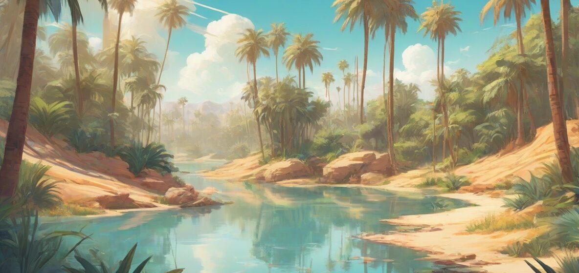 Ilustracja spokojnej oazy pośrodku rozległej pustyni, z bujnymi palmami i spokojnym stawem wodnym odbijającym czyste niebo.