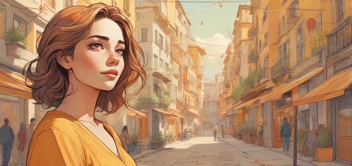 Ilustracja spokojnej kobiety w nowoczesnym europejskim mieście, ucieleśniająca koncepcję złagodzenia. Znajduje się na pierwszym planie, emanując spokojem i równowagą, symbolizując łagodzenie stresu i napięcia.