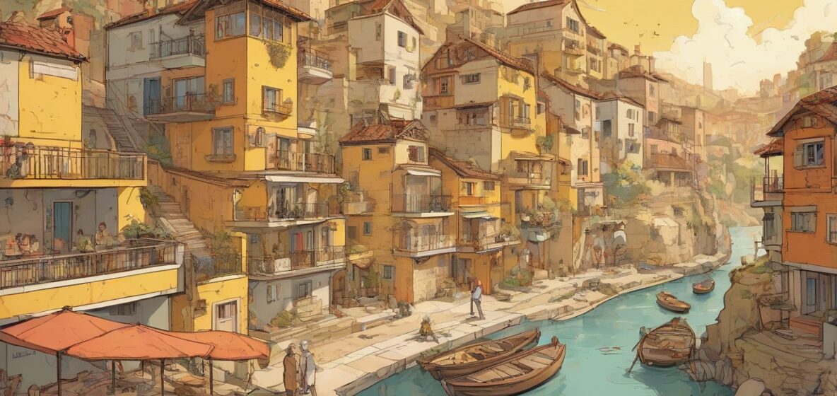 Ilustracja osady przedstawiona w kontekście współczesnej Europy. Osada jest wyraźnie widoczna, ukazując harmonijne połączenie tradycyjnych i nowoczesnych elementów architektonicznych. Skupienie jest na samej osadzie, uchwycając jej istotę jako symbol wspólnoty i stabilności.