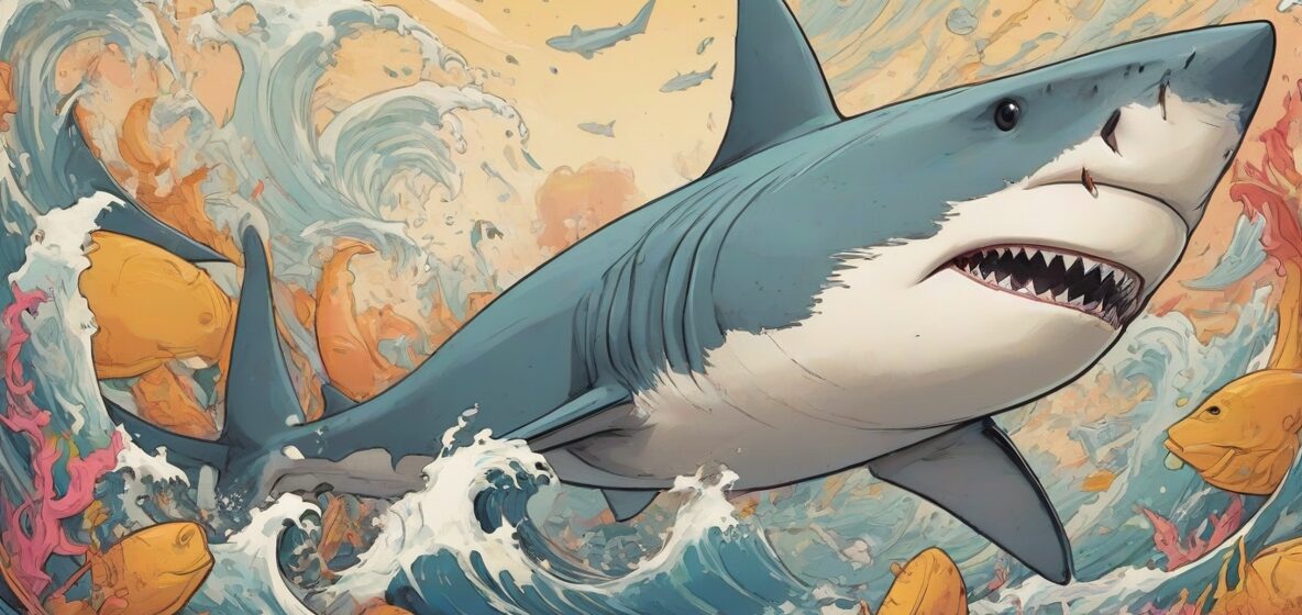 Ilustracja rekina na pierwszym planie, wyraźnie widocznego i zajmującego większą część obrazu. Rekin przedstawiony jest w nowoczesnym stylu, z ostrymi cechami i poczuciem ruchu. Tło jest minimalistyczne, aby skupić uwagę na rekinie.