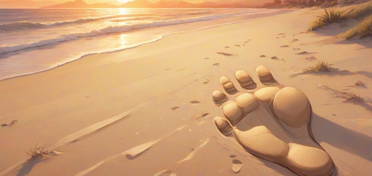 Ilustracja pojedynczego, wyraźnego odcisku stopy na piasku, z zachodzącym słońcem w tle, które rzuca ciepły blask na scenę.