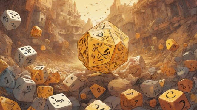 Ilustracja sześciennej kostki do gry wyraźnie widocznej na pierwszym planie. Kostka jest szczegółowo przedstawiona, z wyraźnie zaznaczonymi wszystkimi sześcioma liczbami. Skupienie jest całkowicie na kostce, oddając jej istotę jako symbolu szansy i nieprzewidywalności.