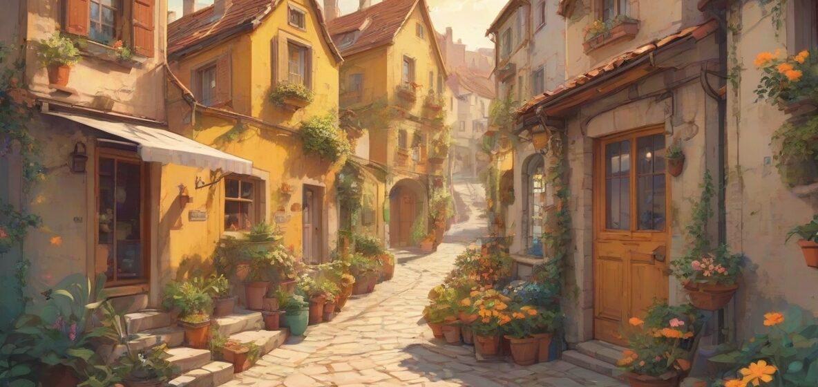Ilustracja małego miasteczka z urokliwymi, wąskimi uliczkami, przytulnymi domkami i spokojną atmosferą. Scena oddaje istotę malowniczej europejskiej wioski we współczesnych czasach.