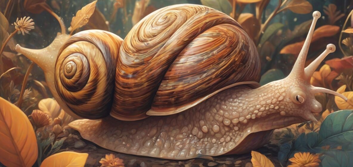 Ilustracja ślimaka wyraźnie pokazana na pierwszym planie. Ślimak jest szczegółowo przedstawiony i zajmuje większość obrazu, przyciągając uwagę widza swoimi skomplikowanymi wzorami i teksturami skorupy.