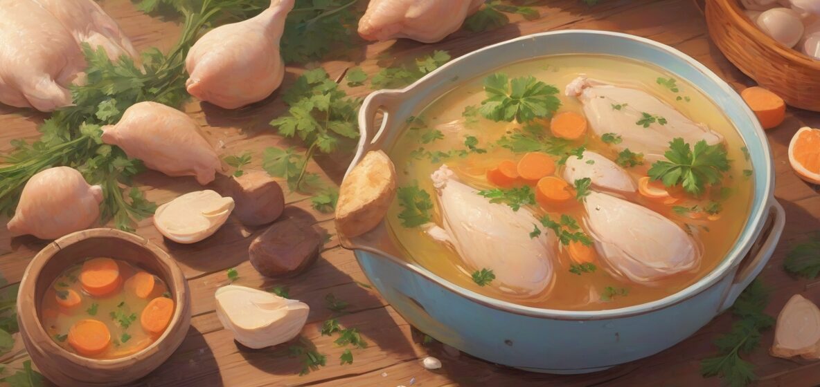 Ilustracja parującej miski tradycyjnego polskiego rosołu. Rosół jest bogaty w kolor, z widocznymi kawałkami kurczaka, marchewką i pietruszką. Skupienie na misce, która stoi na drewnianym stole, wywołując poczucie ciepła i komfortu.