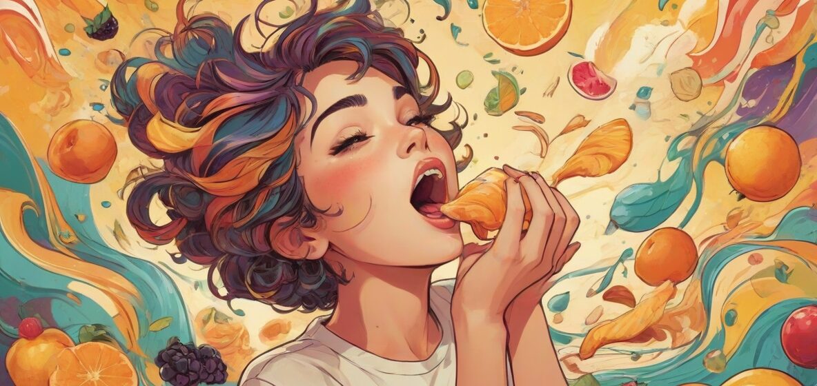 Ilustracja przedstawiająca doznanie smaku, skupiająca się na osobie doświadczającej różnych smaków z wyraźną ekspresją. Osoba jest pokazana, jak delektuje się różnorodnymi smakami, takimi jak słodki, kwaśny, gorzki i słony, z kolorowymi abstrakcyjnymi przedstawieniami tych smaków wirującymi wokół niej. Tło jest minimalistyczne, aby podkreślić główny temat.