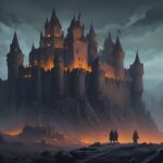 Ilustracja przedstawiająca straszne zamczysko, mroczną gotycką fortecę dominującą na pierwszym planie, masywne kamienne wieże, wybite okna, upiorną mgłę, dramatyczne nocne światło, współczesny europejski klimat, bardzo szczegółowa, złowroga i filmowa.