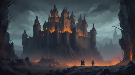Ilustracja przedstawiająca straszne zamczysko, mroczną gotycką fortecę dominującą na pierwszym planie, masywne kamienne wieże, wybite okna, upiorną mgłę, dramatyczne nocne światło, współczesny europejski klimat, bardzo szczegółowa, złowroga i filmowa.