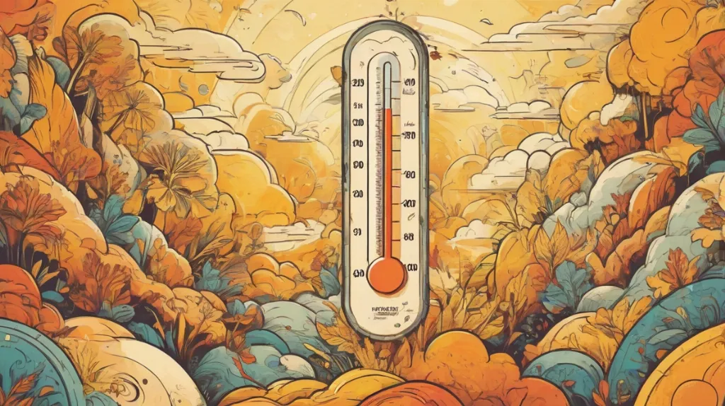 Ilustracja termometru pokazującego wysoką temperaturę, wyraźnie widocznego na środku obrazu.