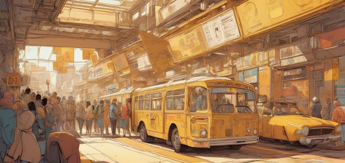 Ilustracja biletu wyraźnie widocznego na pierwszym planie. Bilet jest szczegółowy i zajmuje większą część obrazu, przyciągając uwagę swoim nowoczesnym designem. Sceneria jest współczesna, odzwierciedlająca europejski kontekst.