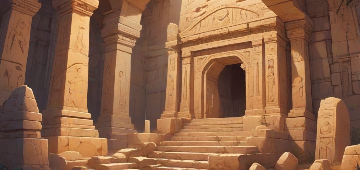 Ilustracja grobowca, wyraźnie widocznego na pierwszym planie, prezentującego złożone kamienne rzeźby i poważną atmosferę. Grobowiec reprezentuje połączenie historycznego znaczenia i osobistej refleksji, zachęcając do zadumy.