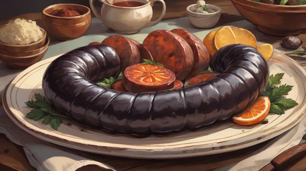 Ilustracja tradycyjnej polskiej kaszanki, wyeksponowanej na talerzu. Kaszanka jest głównym elementem, z wyraźnie widocznym ciemnym, bogatym kolorem i fakturą. To współczesne przedstawienie, podkreślające jej znaczenie kulturowe w Europie.