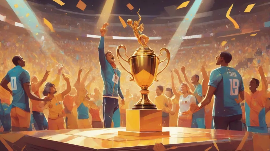 Ilustracja trofeum wyraźnie widocznego na podium, symbolizującego zwycięstwo i osiągnięcie. Sceneria jest współczesna, odzwierciedlająca nowoczesne wydarzenie sportowe.