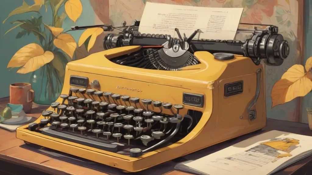 Ilustracja maszyny do pisania wyeksponowanej na pierwszym planie, prezentującej swoje vintage klawisze i klasyczny design, z nowoczesnym otoczeniem podkreślającym jej ponadczasowy urok.