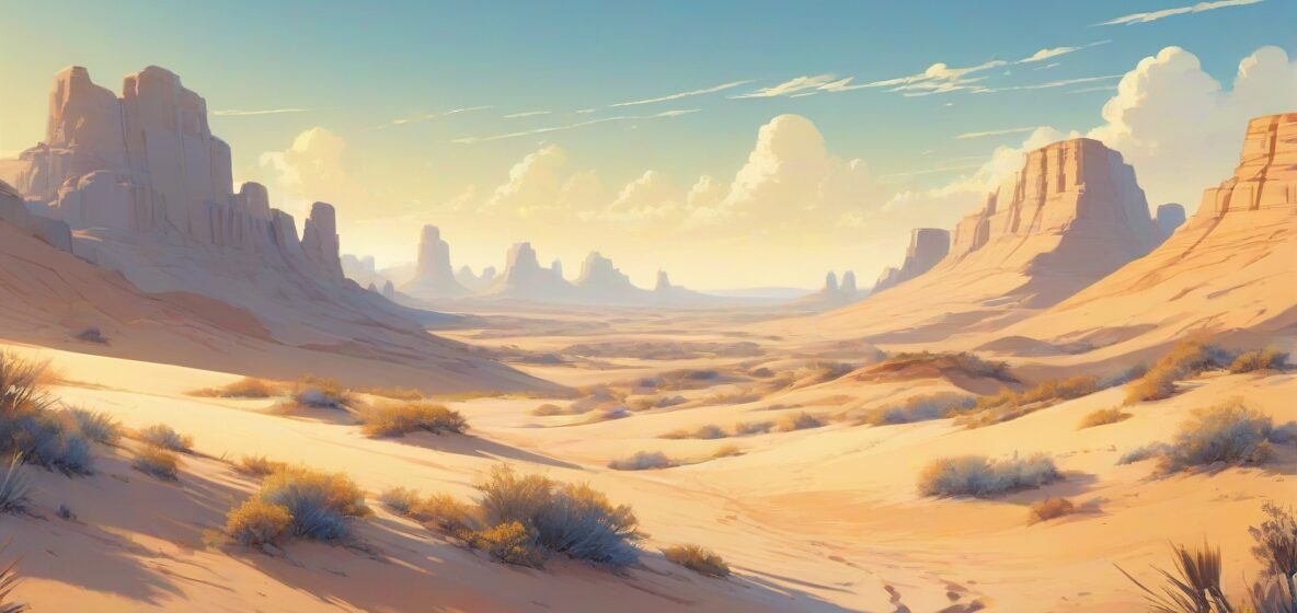 Ilustracja rozległej pustyni z złotymi piaskami rozciągającymi się aż po horyzont pod czystym, błękitnym niebem. Słońce rzuca długie cienie, tworząc poczucie głębi i spokoju.