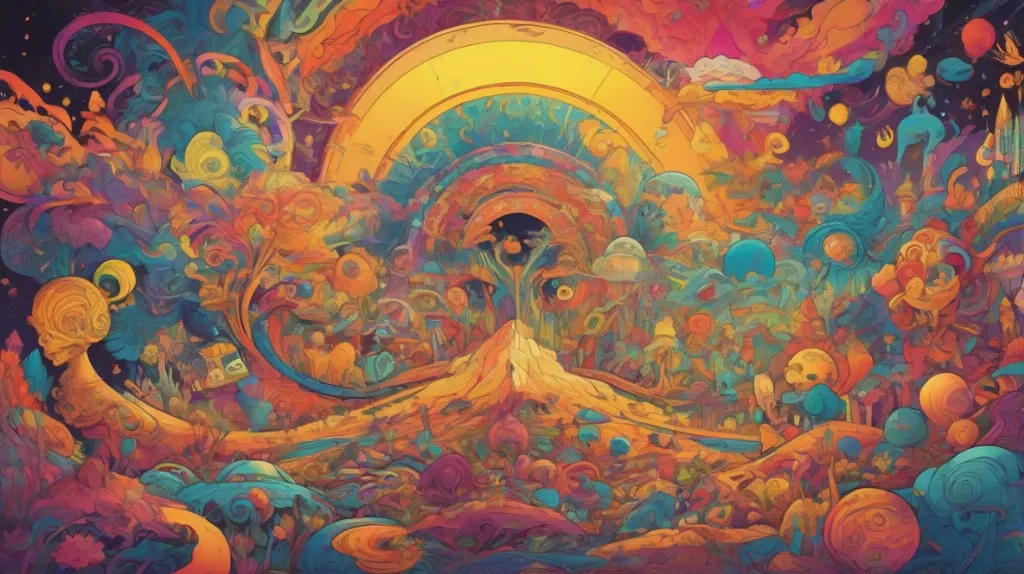 Ilustracja przedstawiająca żywą i kolorową reprezentację LSD, symbolizującą eksplorację umysłu. Obraz powinien skupiać się na psychodelicznych wzorach i kolorach, uchwycając istotę zmienionego stanu świadomości.