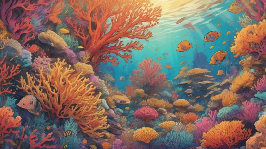 Ilustracja żywej rafy koralowej na pierwszym planie, ukazująca jej skomplikowane wzory i żywe kolory, z naciskiem na sam koralowiec.