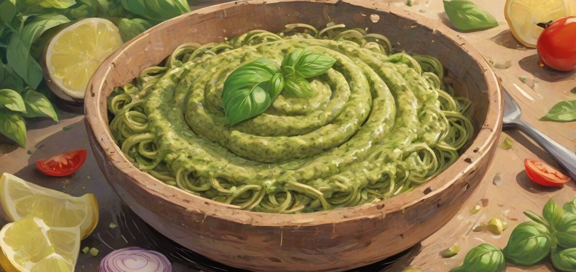 Ilustracja żywego zielonego sosu pesto w rustykalnej misce, zajmującego większość kadru. Sos jest bogaty w teksturę i kolor, symbolizując świeżość i kulinarną rozkosz.