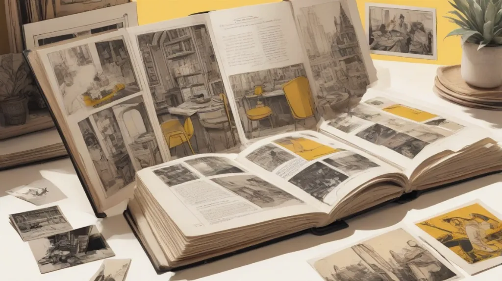 Ilustracja przedstawiająca stary album fotograficzny otwarty na stole, z widocznymi czarno-białymi zdjęciami. Album jest w centrum uwagi, zajmując większość przestrzeni na obrazie.