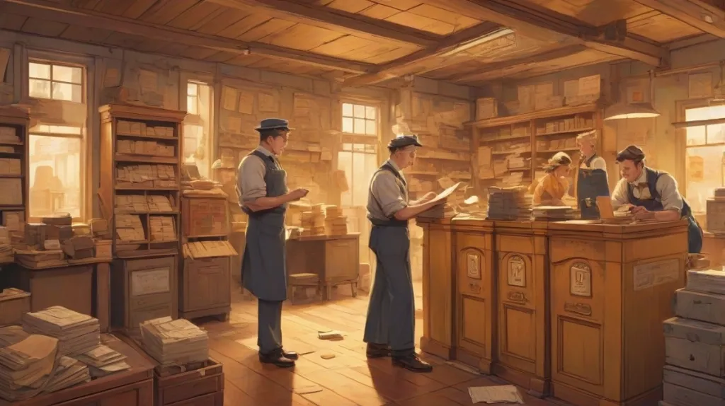 Ilustracja staromodnego urzędu pocztowego, z klasycznymi drewnianymi ladami i staroświeckimi skrzynkami pocztowymi. Scena uchwyca istotę minionej epoki, z listonoszem w tradycyjnym mundurze sortującym listy. Wnętrze wypełnione jest ciepłym, nostalgicznym oświetleniem, wywołującym poczucie historii i tradycji.