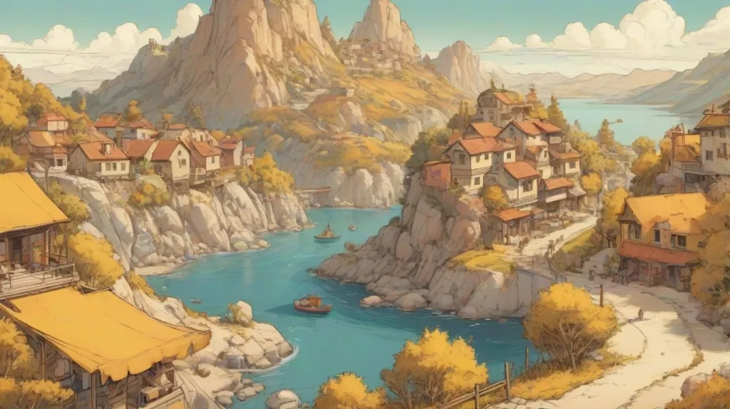 Ilustracja przedstawiająca pocztówkę w stylu vintage z pięknym krajobrazem na pierwszym planie, zajmującą większość kadru. Pocztówka powinna być wyraźnie widoczna, pokazując szczegółowy projekt i klasyczną estetykę.