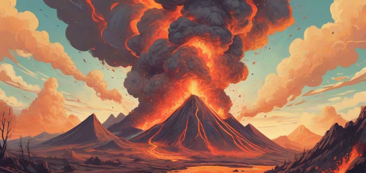 Ilustracja erupcji wulkanu z lawą i dymem unoszącym się w niebo, ukazująca surową siłę i intensywność tego zjawiska naturalnego.