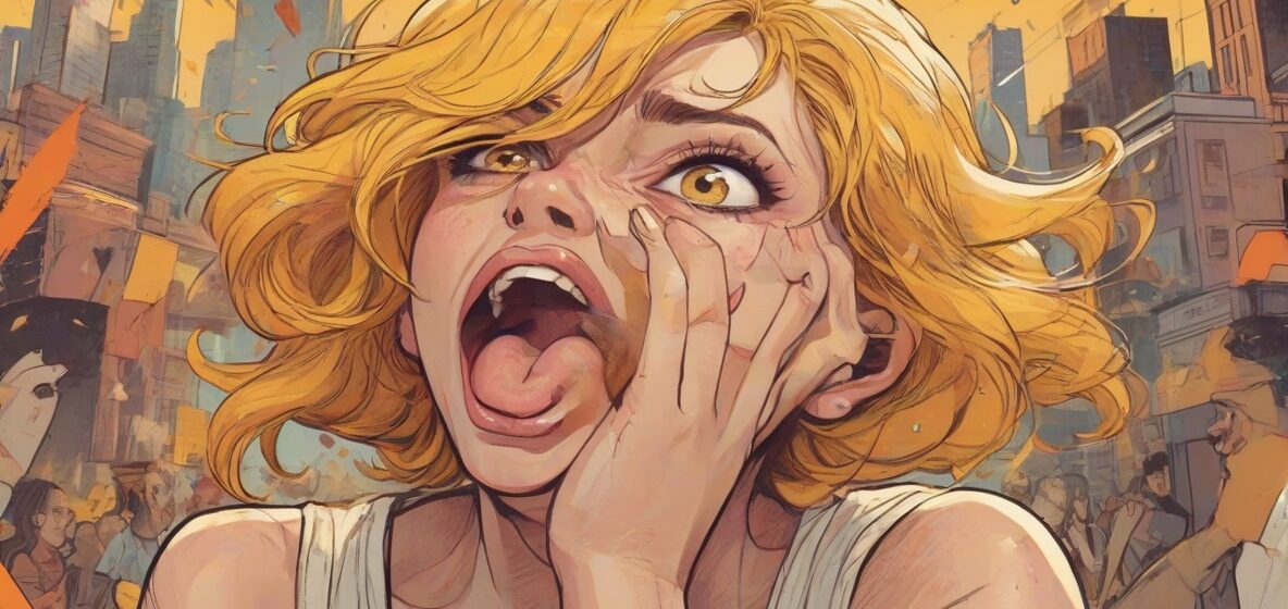 Ilustracja kobiety w współczesnym otoczeniu, wyraźnie przytłoczonej i wykazującej oznaki histerii. Jej wyraz twarzy jest intensywny, z szeroko otwartymi oczami i otwartymi ustami, jakby uchwycona w chwili niekontrolowanych emocji. Skupienie na niej, oddające istotę współczesnej walki emocjonalnej.