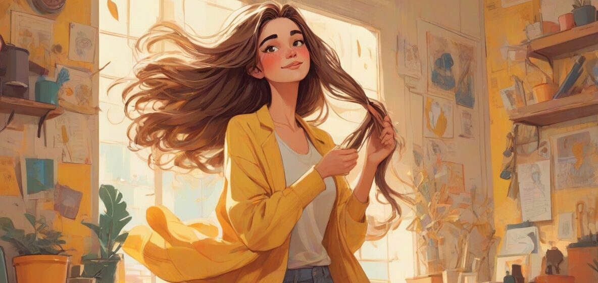 Ilustracja kobiety w nowoczesnym europejskim stylu, wyraźnie widocznej podczas rozczesywania długich włosów, z naciskiem na akt rozczesywania.