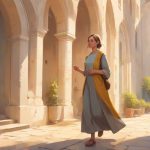 Ilustracja młodej kobiety wchodzącej do nowoczesnego europejskiego klasztoru, skromny ubiór, spokojny wyraz twarzy, wejście do klasztoru na pierwszym planie, współczesny klimat, miękkie naturalne światło.