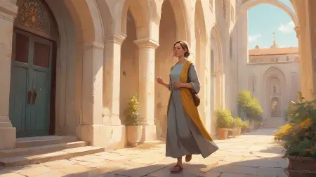 Ilustracja młodej kobiety wchodzącej do nowoczesnego europejskiego klasztoru, skromny ubiór, spokojny wyraz twarzy, wejście do klasztoru na pierwszym planie, współczesny klimat, miękkie naturalne światło.