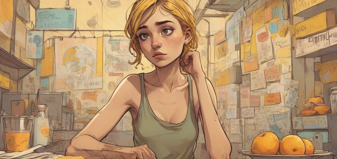 Ilustracja młodej kobiety we współczesnej Europie, wyraźnie ukazującej oznaki anoreksji. Jest głównym elementem, ukazującym walkę z wizerunkiem ciała i presją społeczną. Jej wyraz twarzy odzwierciedla wewnętrzne zmagania i pragnienie kontroli.