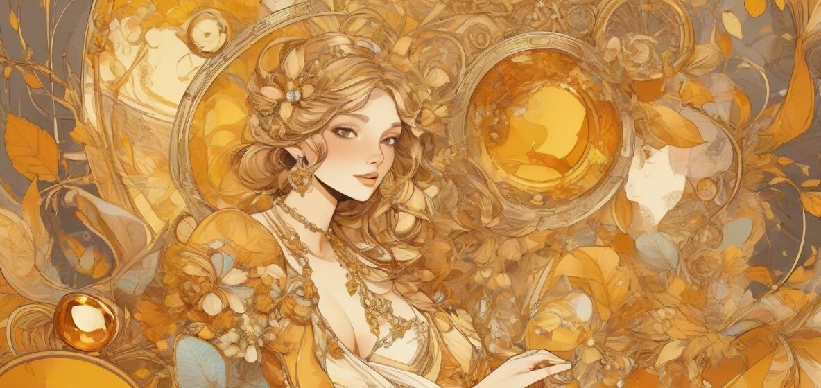 Ilustracja biżuterii z bursztynem, wyeksponowana na pierwszym planie, ukazująca jej złociste odcienie i misternie wykonane wzory, oddająca istotę luksusu i naturalnego piękna.