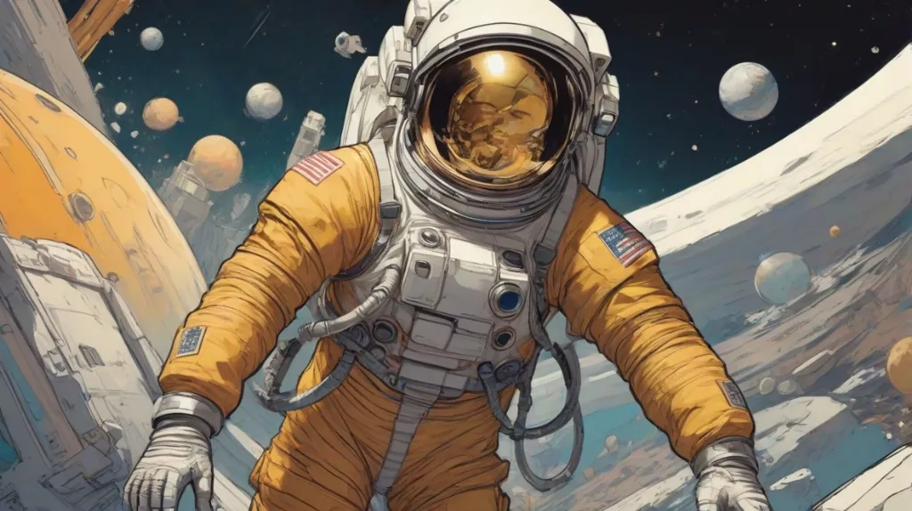 Ilustracja astronauty w nowoczesnym skafandrze kosmicznym, wyraźnie widocznego na pierwszym planie. Uchwycenie istoty odkrywania i przygody.