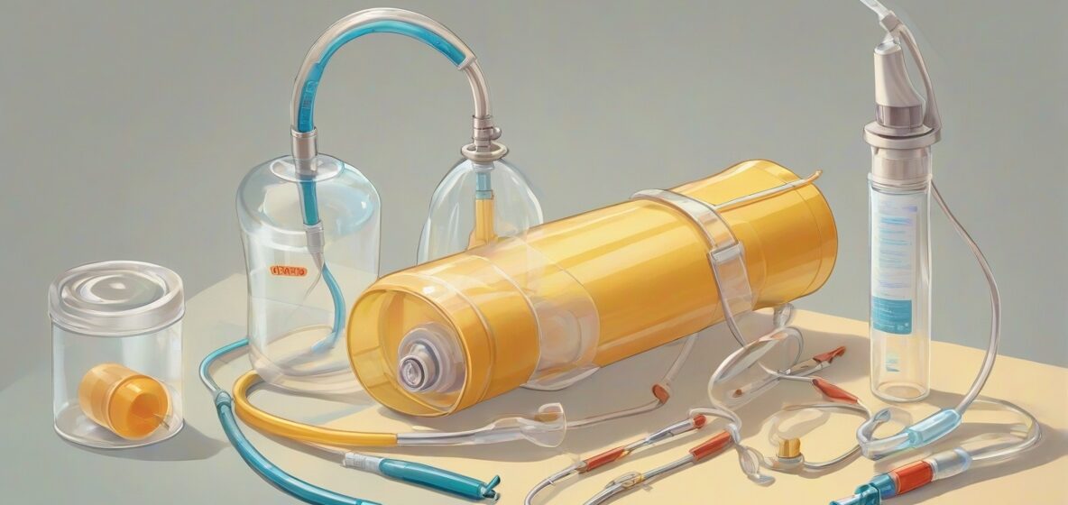 Ilustracja zestawu do lewatywy widocznego na pierwszym planie. Zestaw zawiera przezroczysty worek wypełniony płynem, długą rurkę i końcówkę. To urządzenie medyczne jest przedstawione na jednolitym tle, podkreślając jego zastosowanie we współczesnej opiece zdrowotnej.