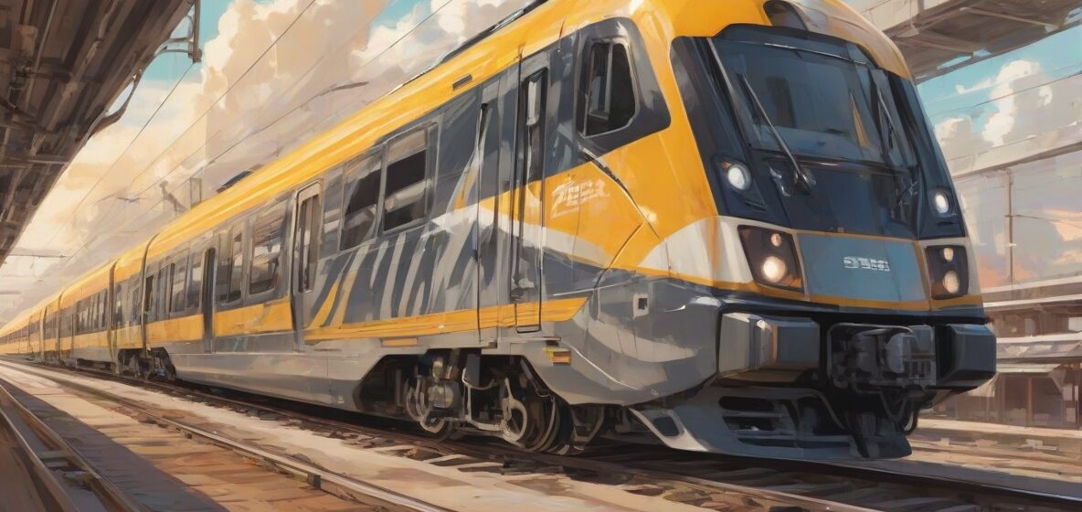 Ilustracja pociągu ekspresowego w nowoczesnym otoczeniu, oddająca istotę szybkości i efektywności. Pociąg jest wyraźnie widoczny, zajmuje większość pierwszego planu, podkreślając jego elegancki design i potężną obecność.