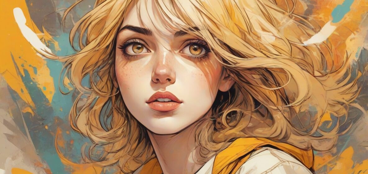 Ilustracja intensywnego i skupionego spojrzenia współczesnej europejskiej kobiety, z szeroko otwartymi oczami, symbolizująca obsesję. Jej wyraz twarzy jest intensywny i skupiony, oddając istotę obsesyjnego stanu umysłu. Tło jest rozmyte, aby podkreślić jej twarz.