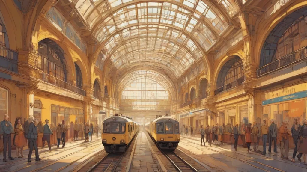 Ilustracja starego dworca kolejowego we współczesnym europejskim otoczeniu, uchwycająca istotę nostalgii i upływu czasu. Dworzec jest w centrum uwagi, z wyraźnie widoczną zabytkową architekturą, przywołującą wspomnienia dawnych podróży i historycznego znaczenia.
