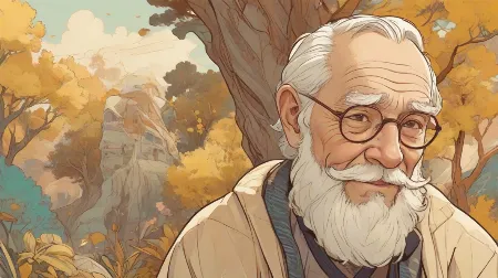 Ilustracja starszej wersji siebie, przedstawiająca dojrzałą osobę z mądrym i spokojnym wyrazem twarzy. Postać jest wyraźnie widoczna, uchwytując istotę starzenia się z wdziękiem i przyjmowania mądrości, która przychodzi z wiekiem.