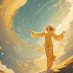 Ilustracja wstąpienia we współczesnym europejskim kontekście, symboliczny ruch ku górze, elegancka świetlista postać unosząca się ku światłu, nowoczesna duchowa atmosfera, minimalistyczne tło.