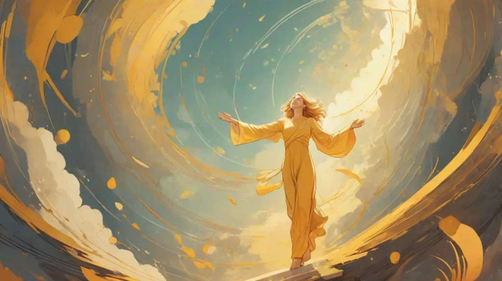 Ilustracja wstąpienia we współczesnym europejskim kontekście, symboliczny ruch ku górze, elegancka świetlista postać unosząca się ku światłu, nowoczesna duchowa atmosfera, minimalistyczne tło.