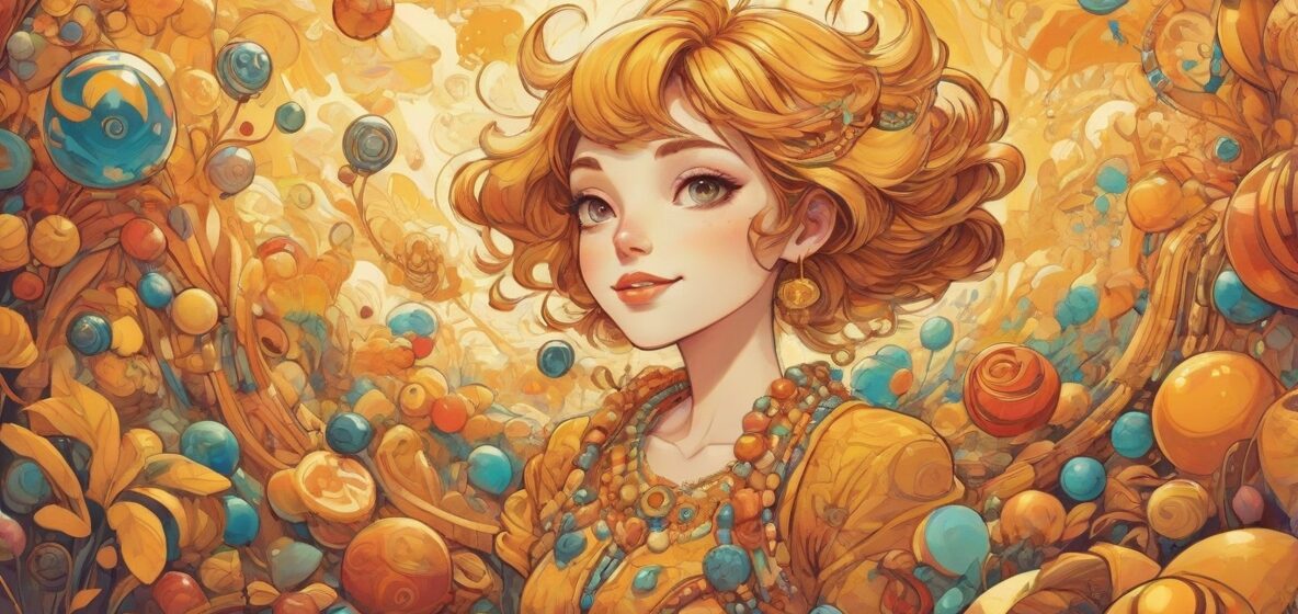 Ilustracja koralików jako centralny punkt, ukazująca ich piękno i elegancję. Koraliki są misternie zaprojektowane, oddając istotę harmonii i kreatywności.