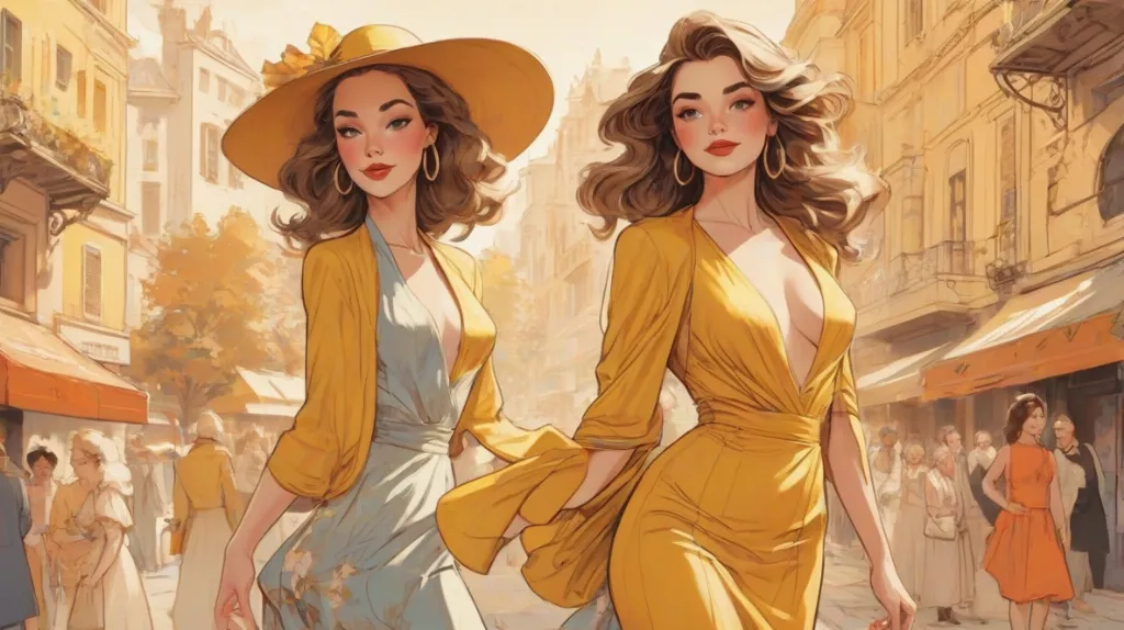Ilustracja piękna uosobionego jako pełna wdzięku kobieta we współczesnej europejskiej modzie, stojąca wyraźnie na pierwszym planie. Jej elegancja i urok oddają istotę nowoczesnego piękna.